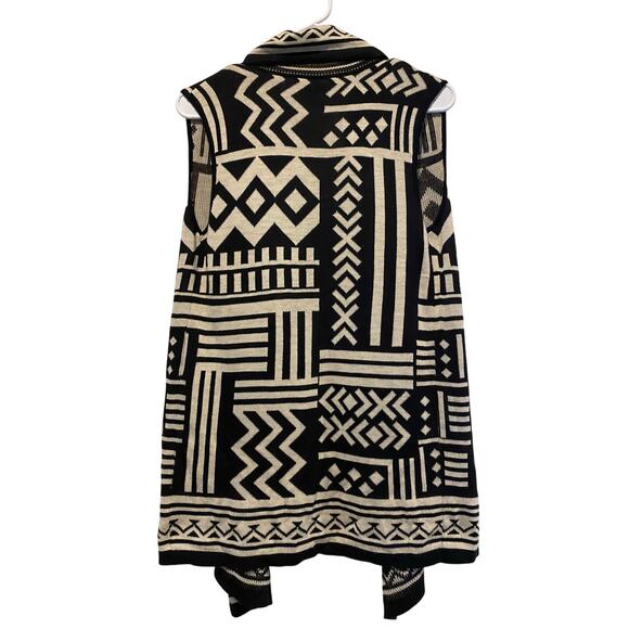 Charming Charlie Open Front Cardigan Vest Medium Black Cream Boho Aztec Tribal - Picture 2 of 5